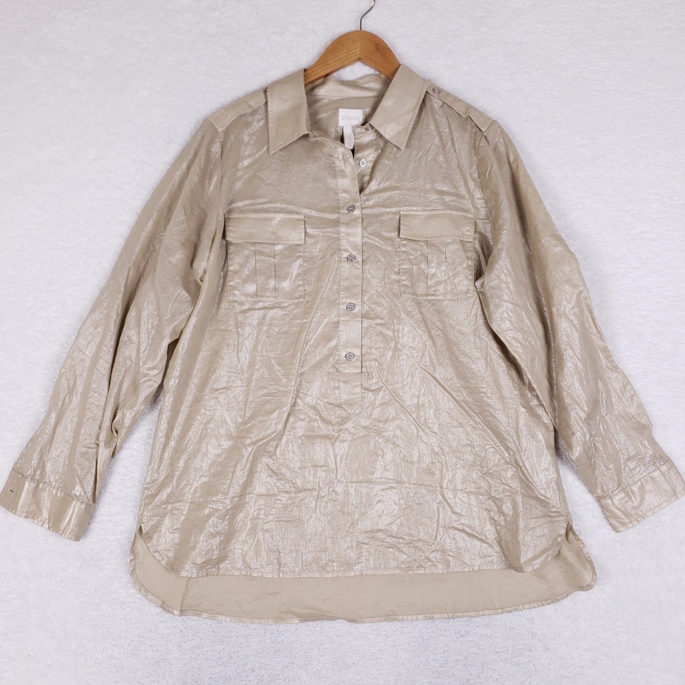 Chico's Button Up Shirt Women 2 Gold Shimmer Metallic Long Sleeve Blouse